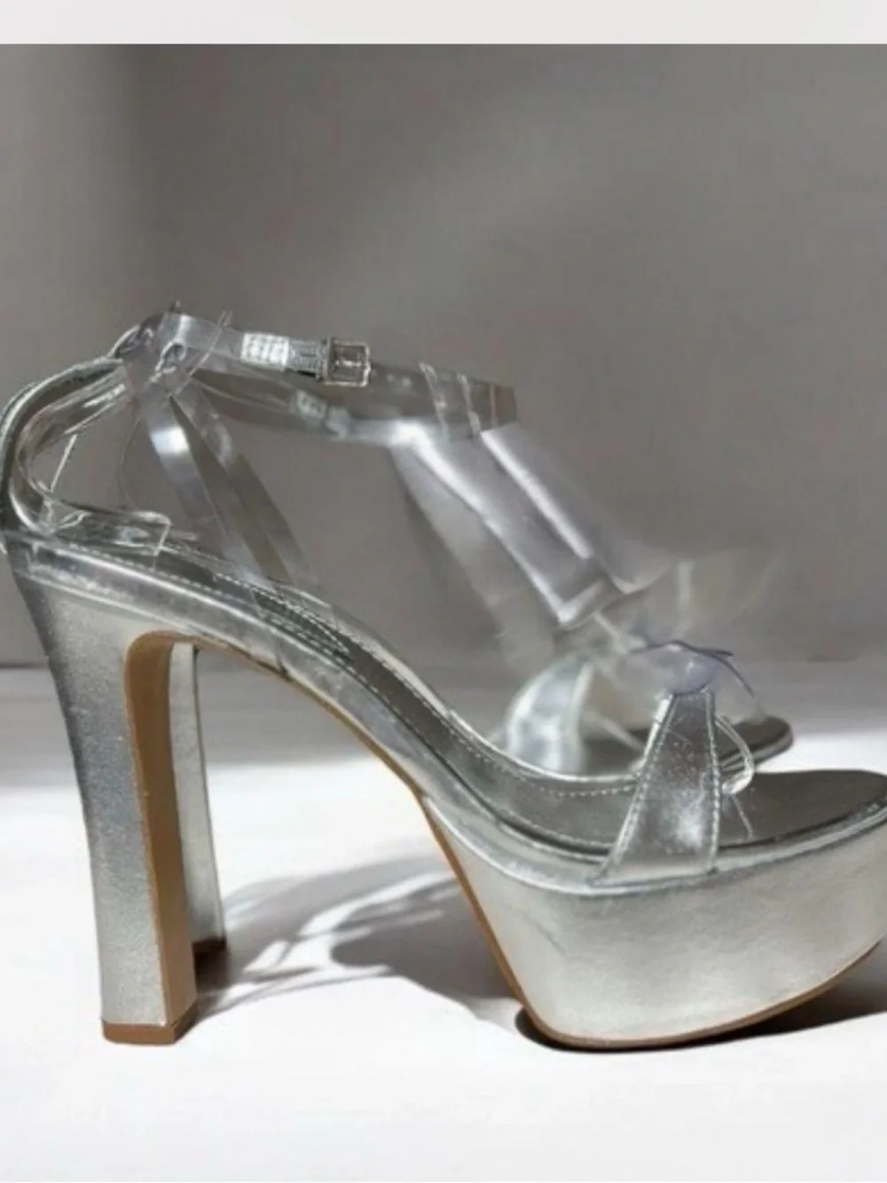 Schutz Elyda Metallic Silver & Clear PVC Platform Heels Sandal 9B / 39